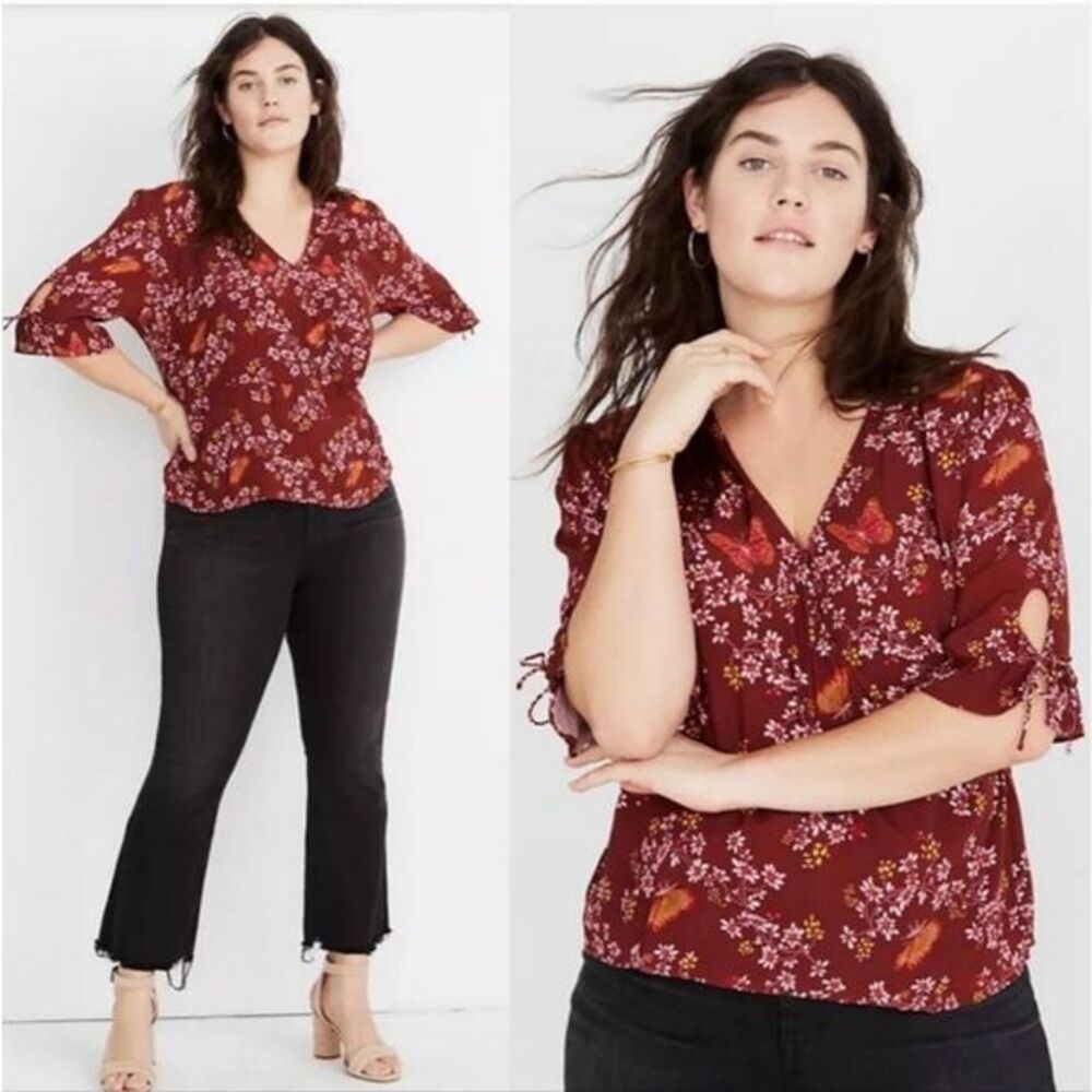Madewell -286 Tie-Sleeve Wrap Top in Butterfly Sanctuary‎ NWT Size 22